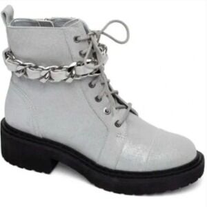 Linea Paolo Size 5.5 Silver Glitter Leather Combat Moto Boots NEW Platform  $129